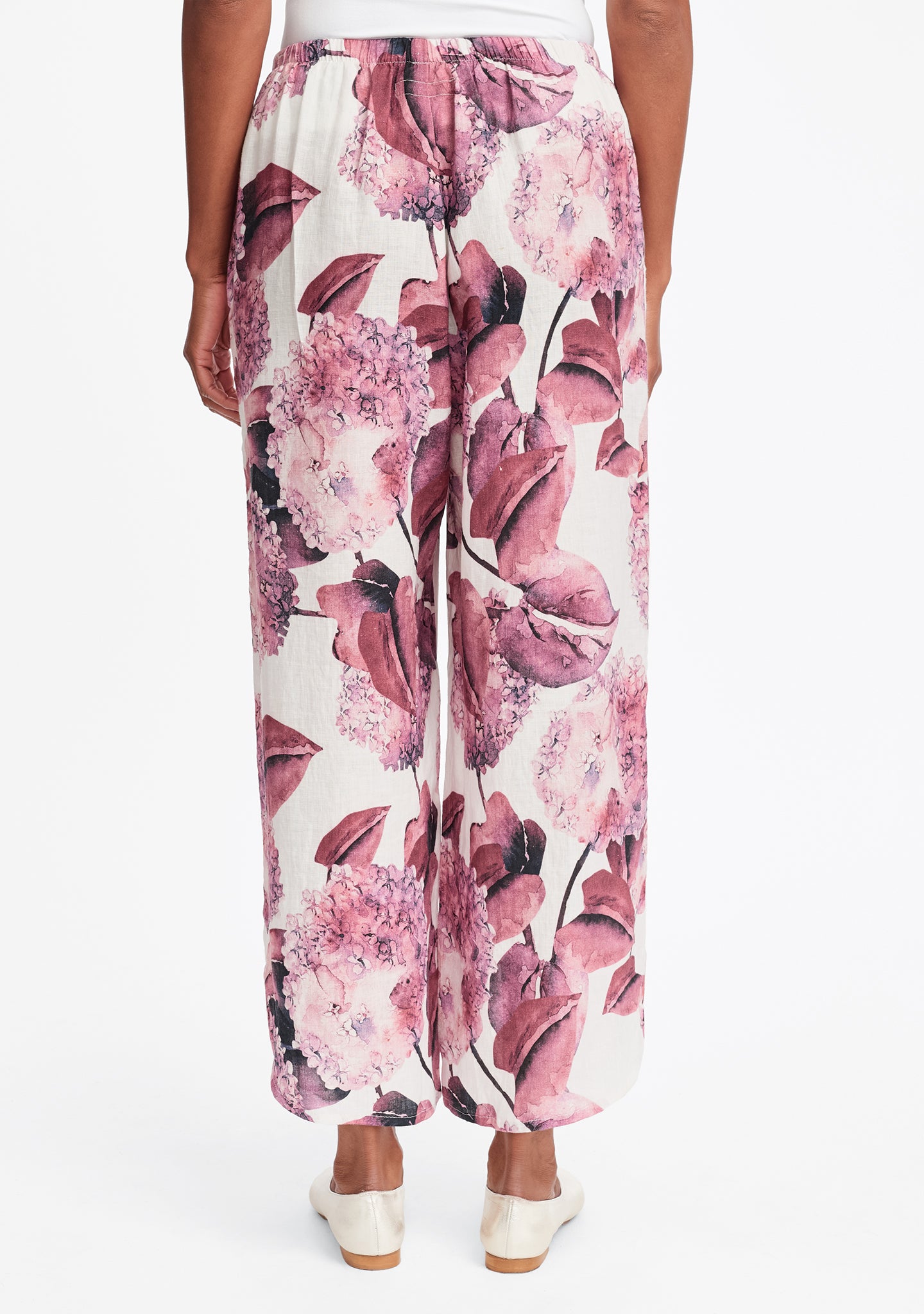 shirttail flood linen pants with elastic waist details