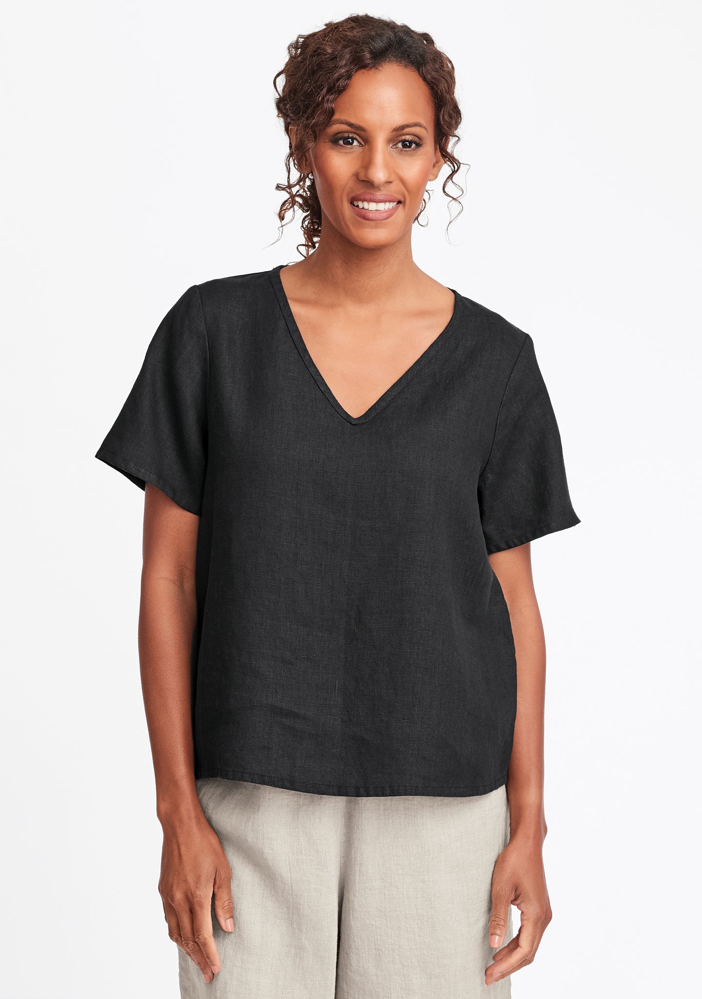 s/s crop v linen t shirt black