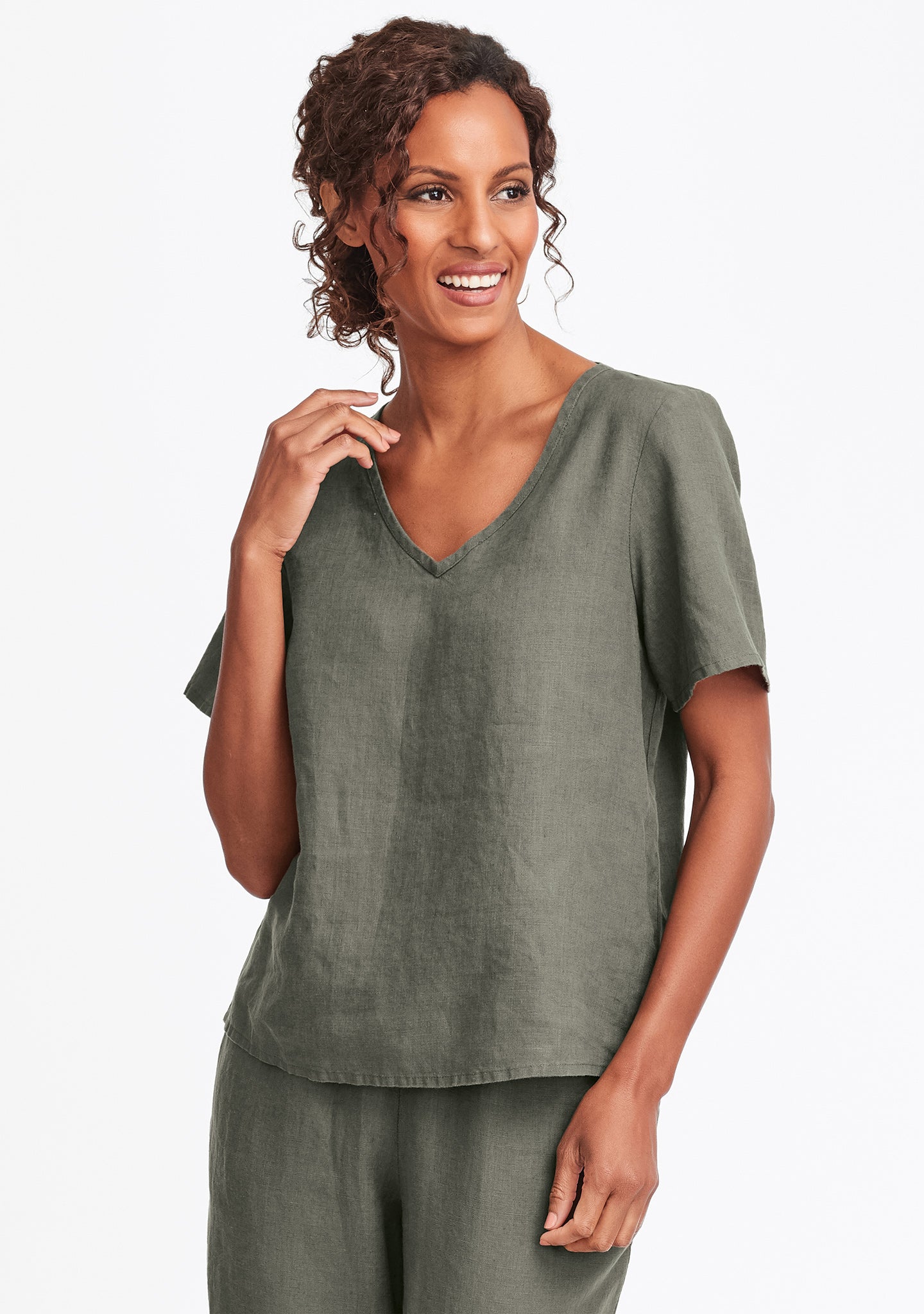 s/s crop v linen t shirt green