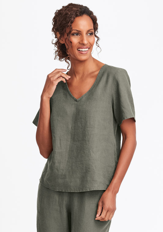 s/s crop v linen t shirt green
