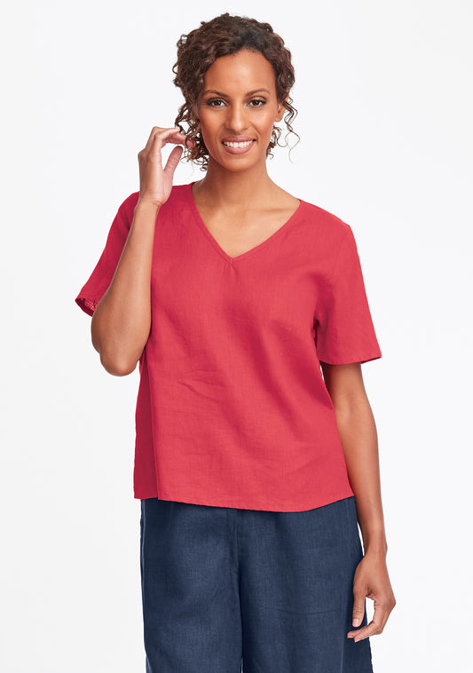 s/s crop v linen t shirt red