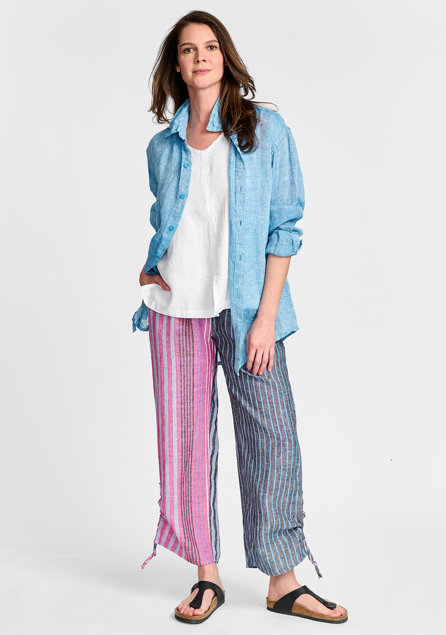 FLAX linen shirt in blue with linen tank in white and linen pants in stripe