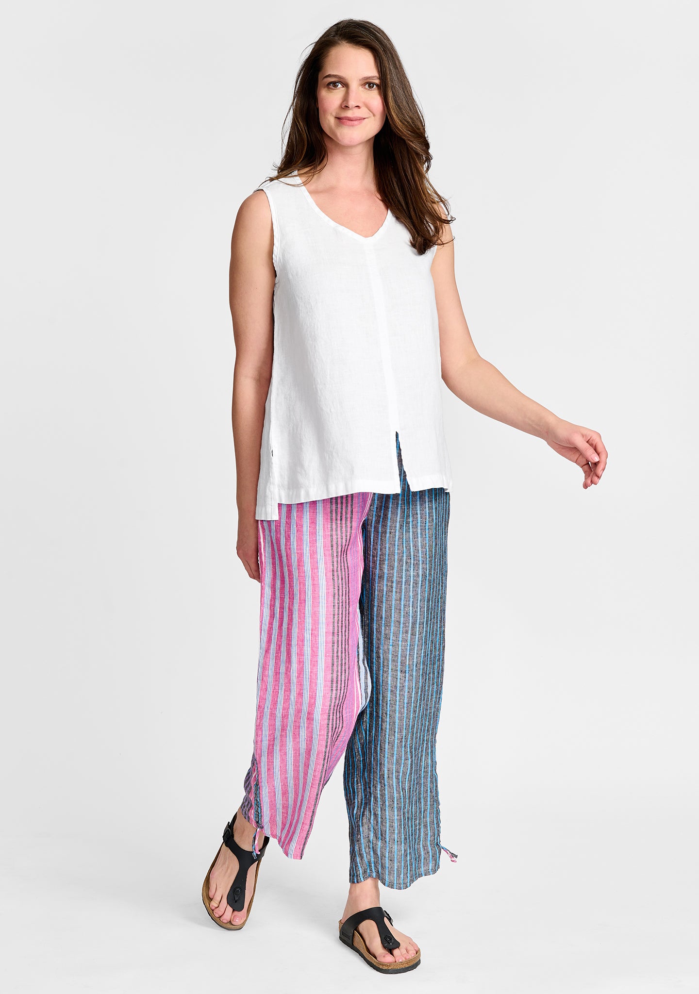 FLAX linen tank in white with linen pants in stripe