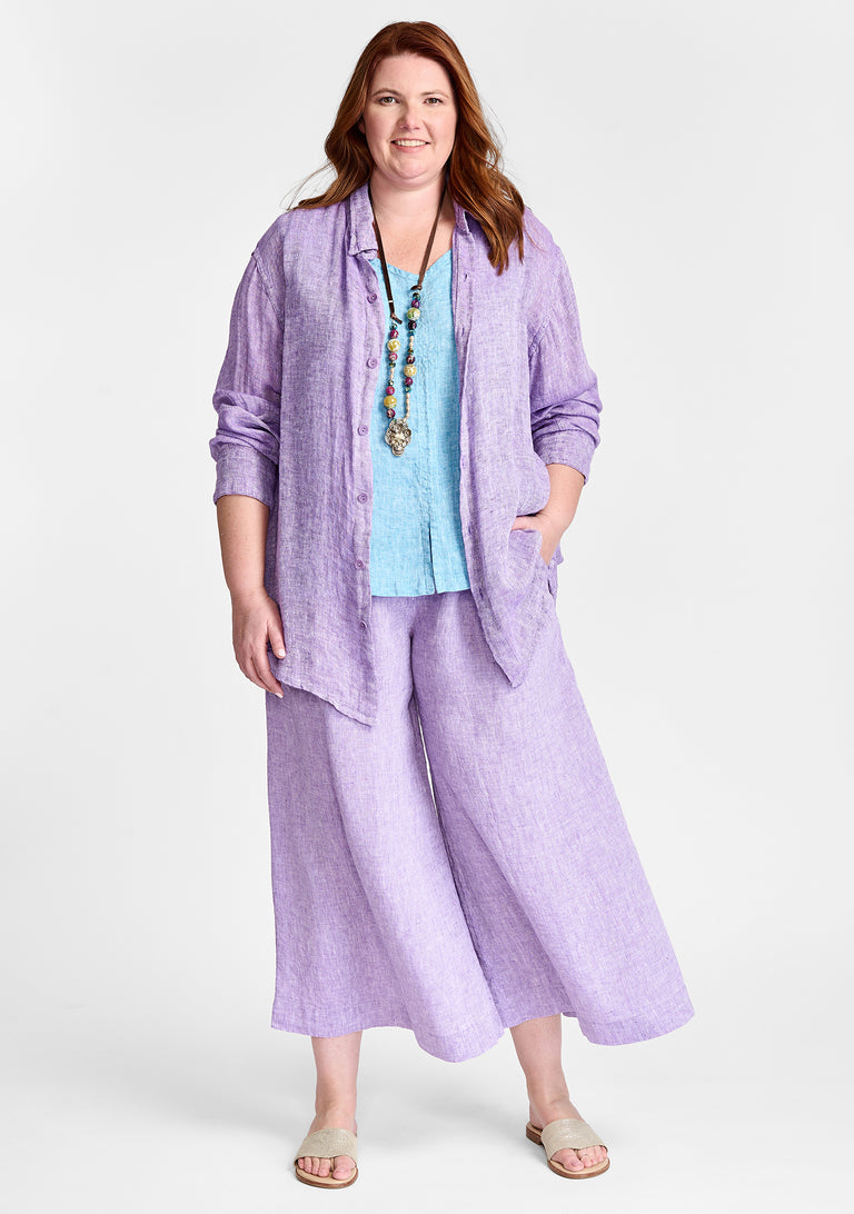 FLAX linen shirt in purple with linen tank in blue and linen pants in purple