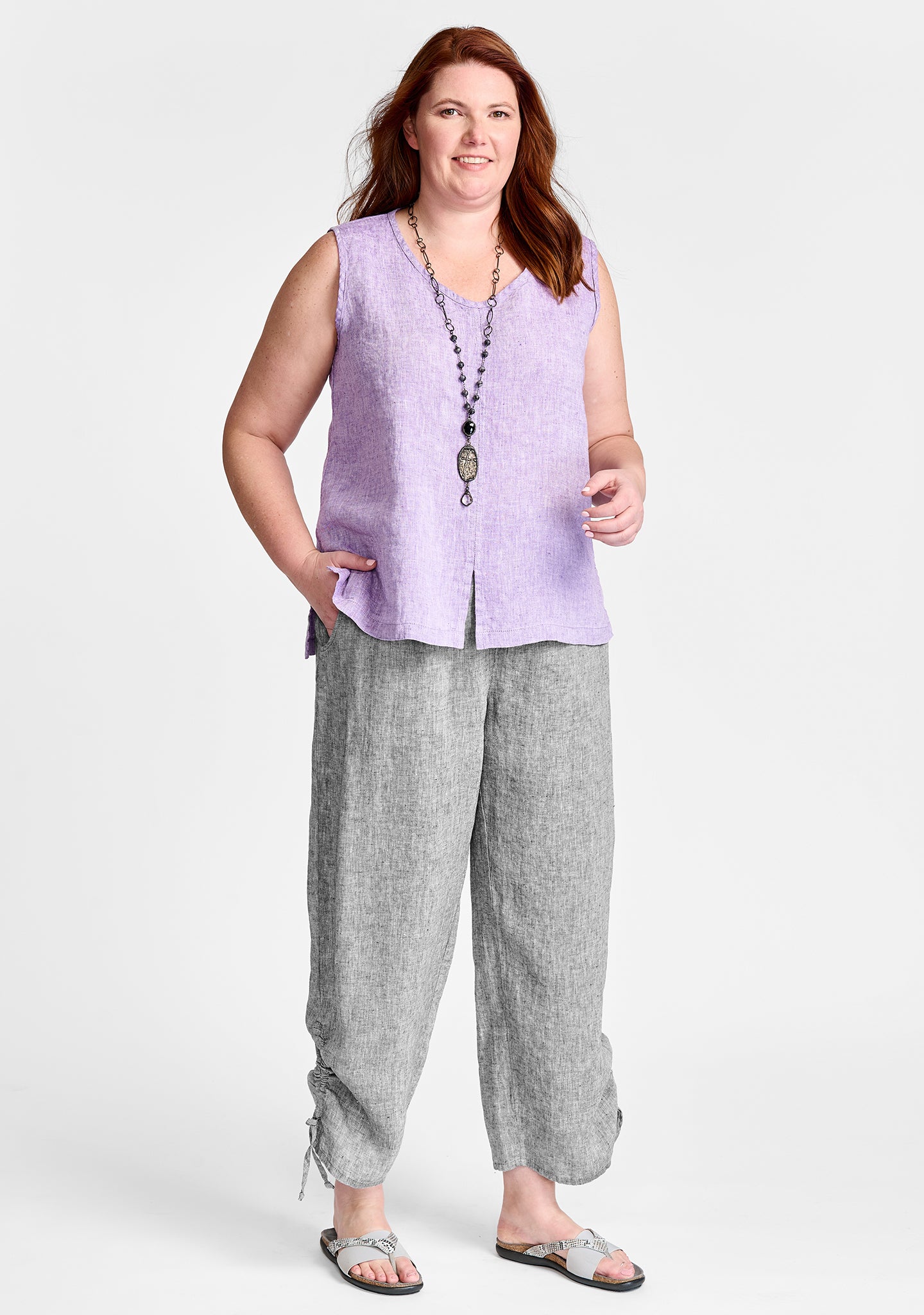 FLAX linen tank in purple with linen pants in grey