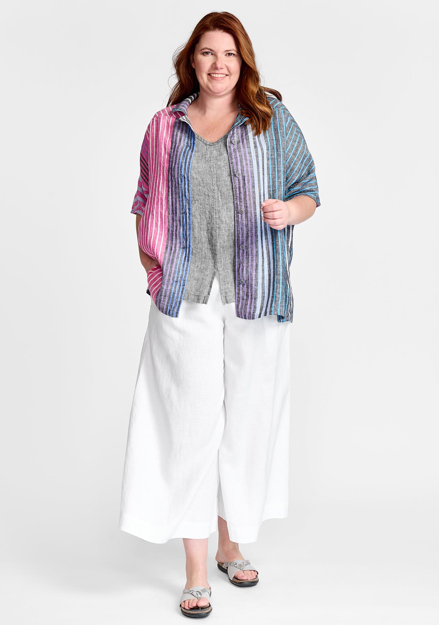 FLAX linen shirt in stripe with linen tank in grey and linen pants in white