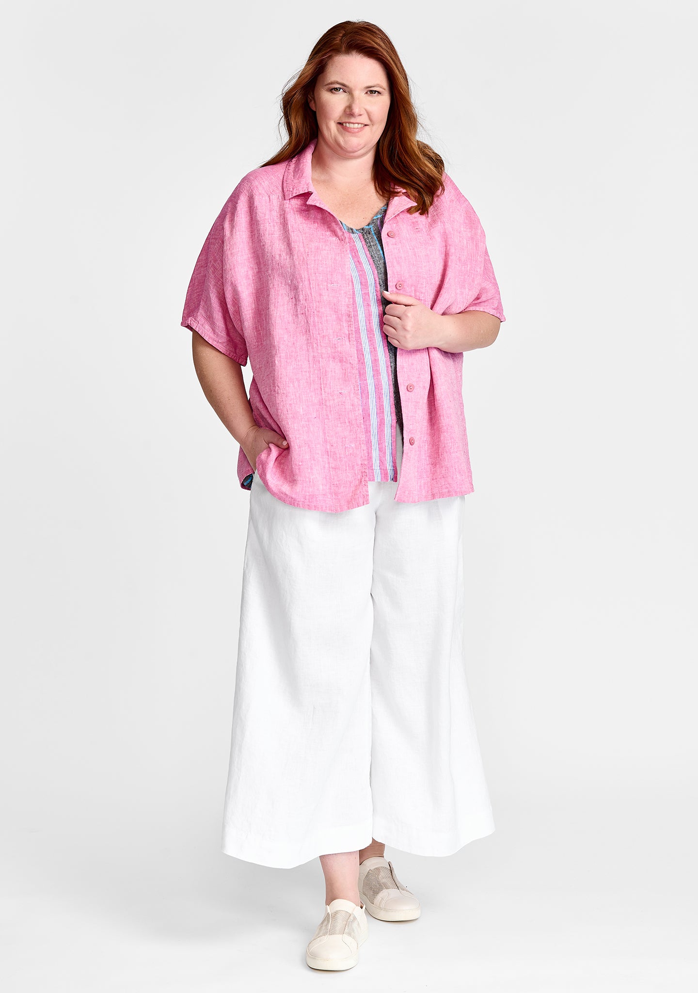 FLAX linen shirt in pink with linen tank in stripes and linen pants in white