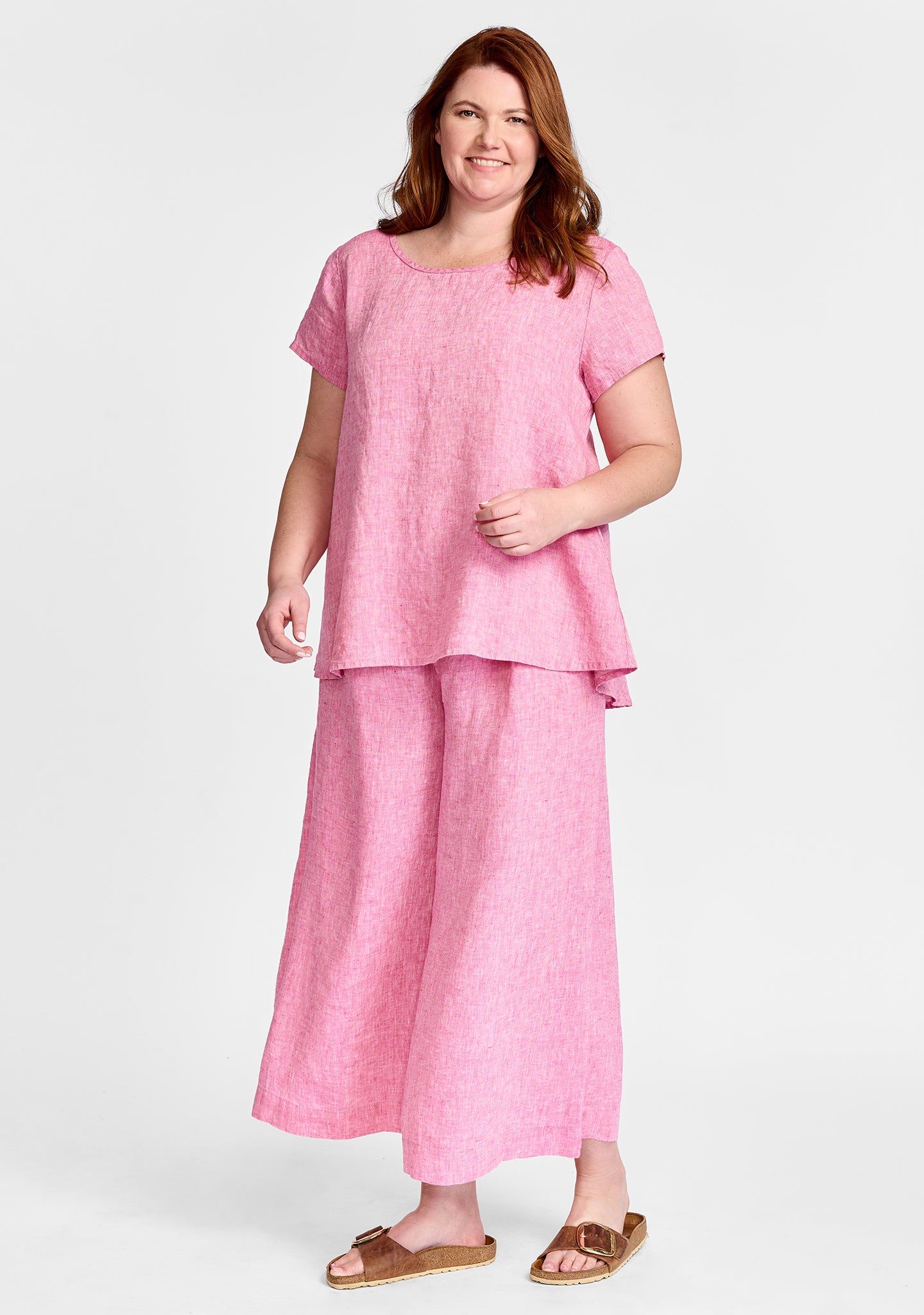 FLAX linen tee in pink with linen pants in pink