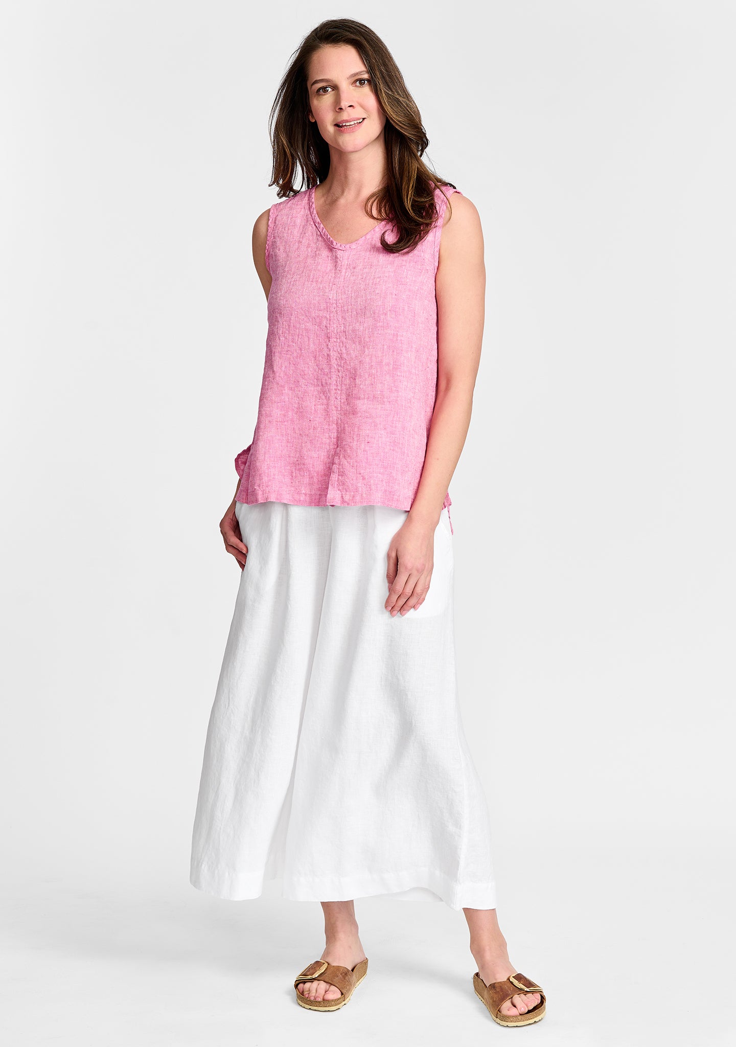 FLAX linen tank in pink with linen pant in white