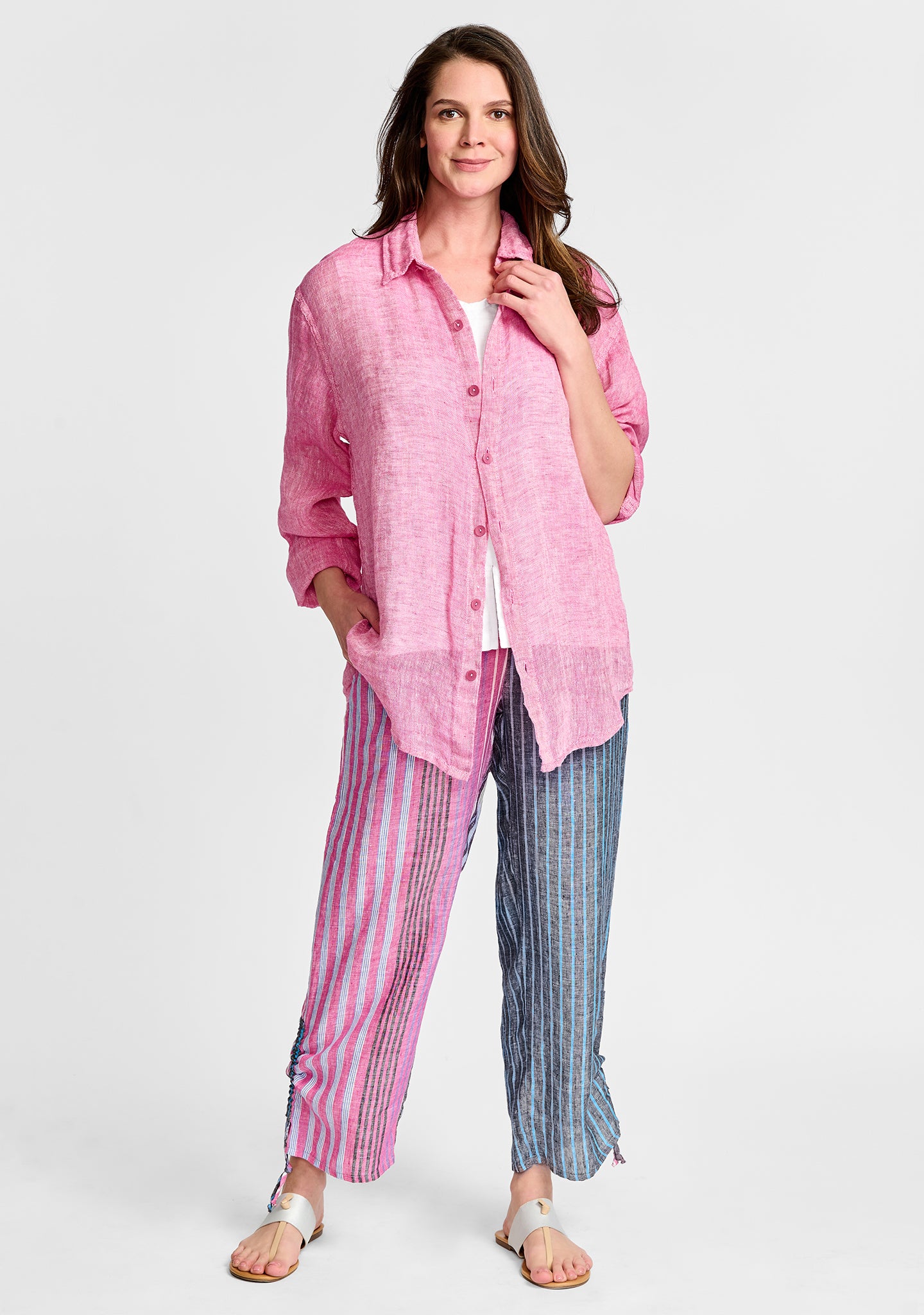 FLAX linen shirt in pink with linen tank in white and linen pants in stripe