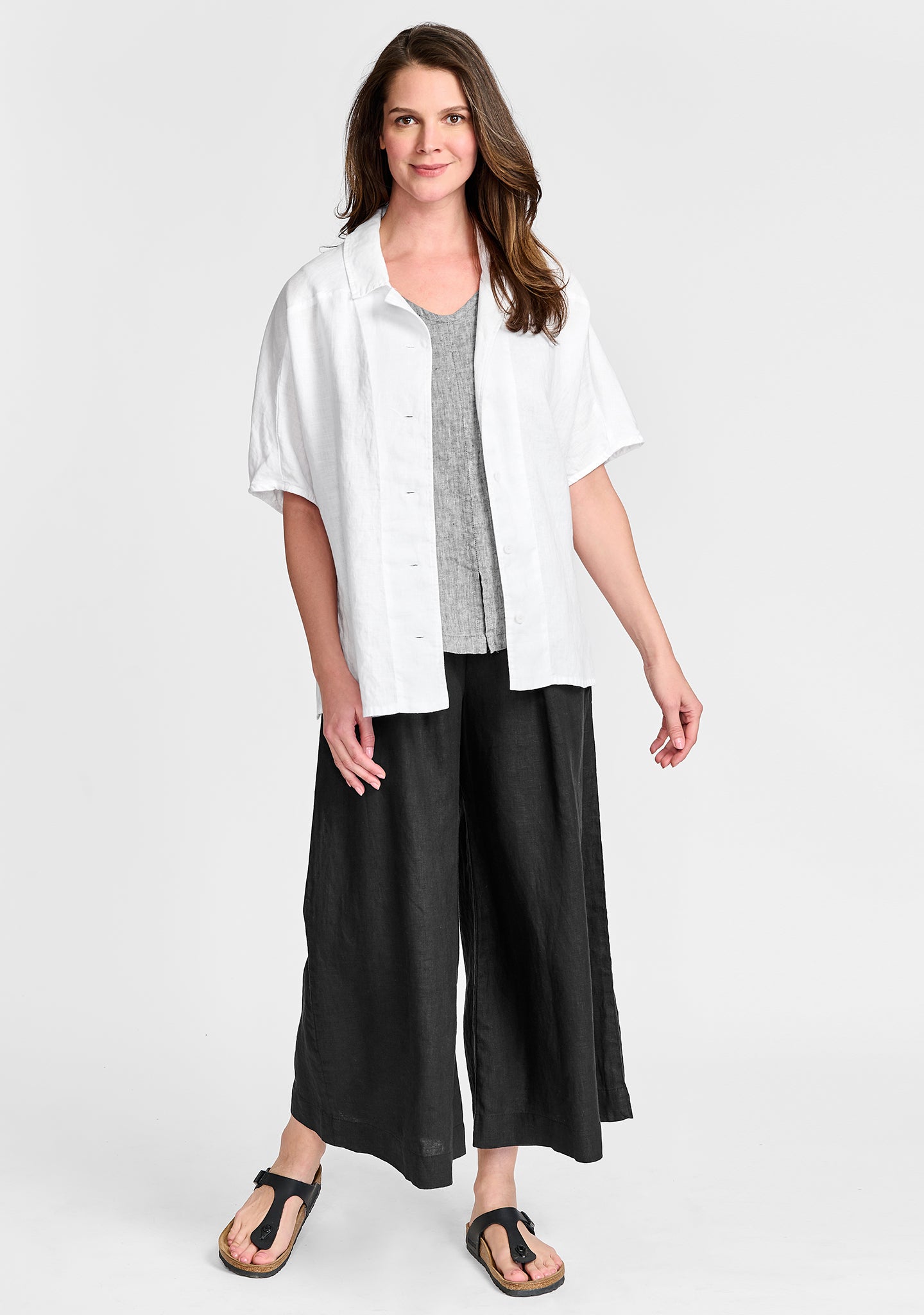 FLAX linen shirt in white with linen tank in grey and linen pants in black