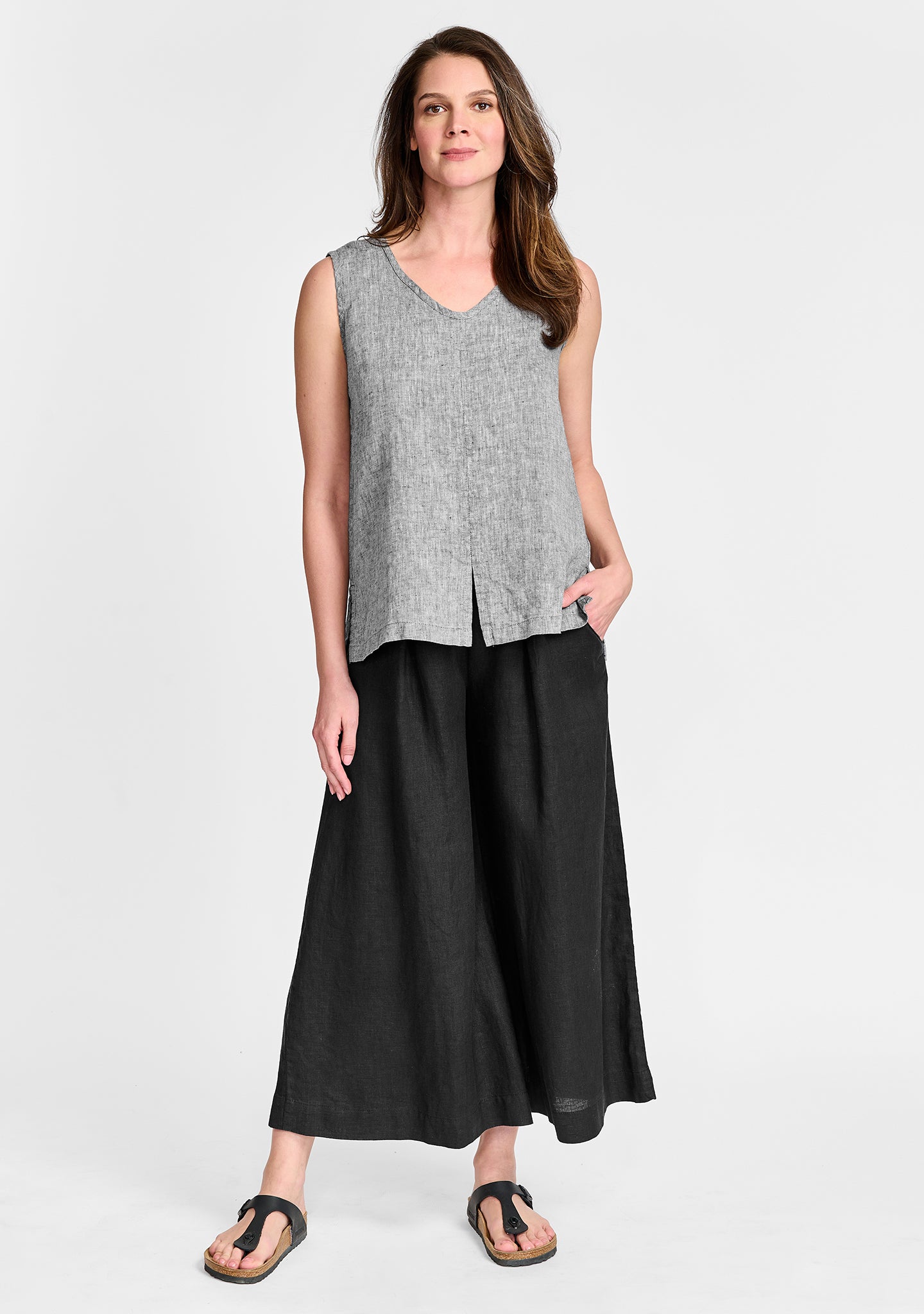 FLAX linen tank in grey with linen pants in black