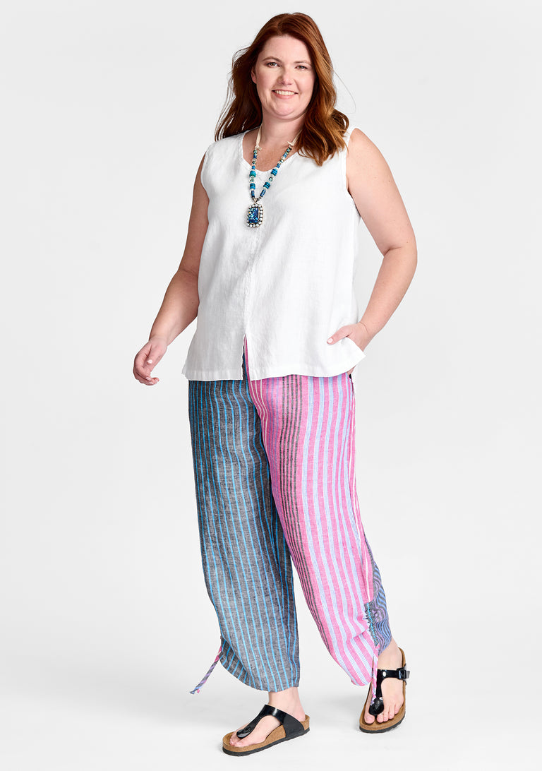 FLAX linen tank in white with linen pants in stripe