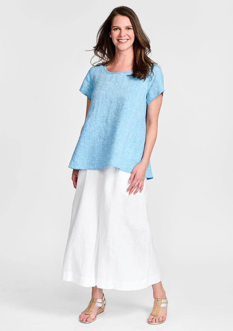 FLAX linen tee in blue with linen pants in white