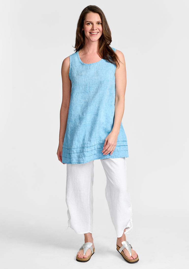 FLAX linen tunic in blue with linen pants in white