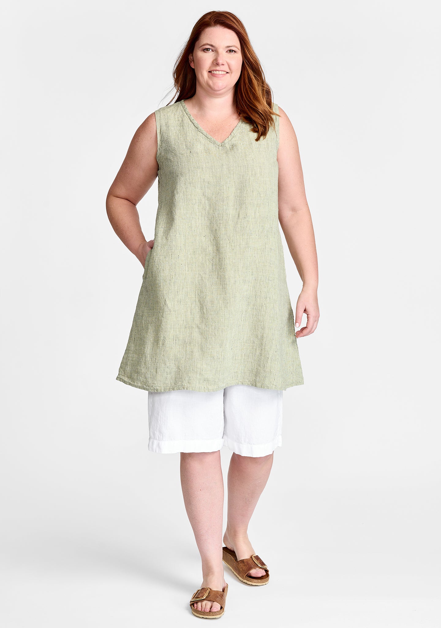 FLAX linen tunic in green with linen shorts in white