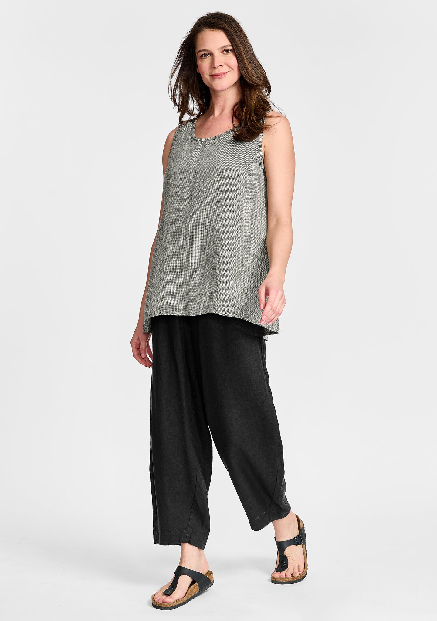 FLAX linen tank in grey with linen pants in black