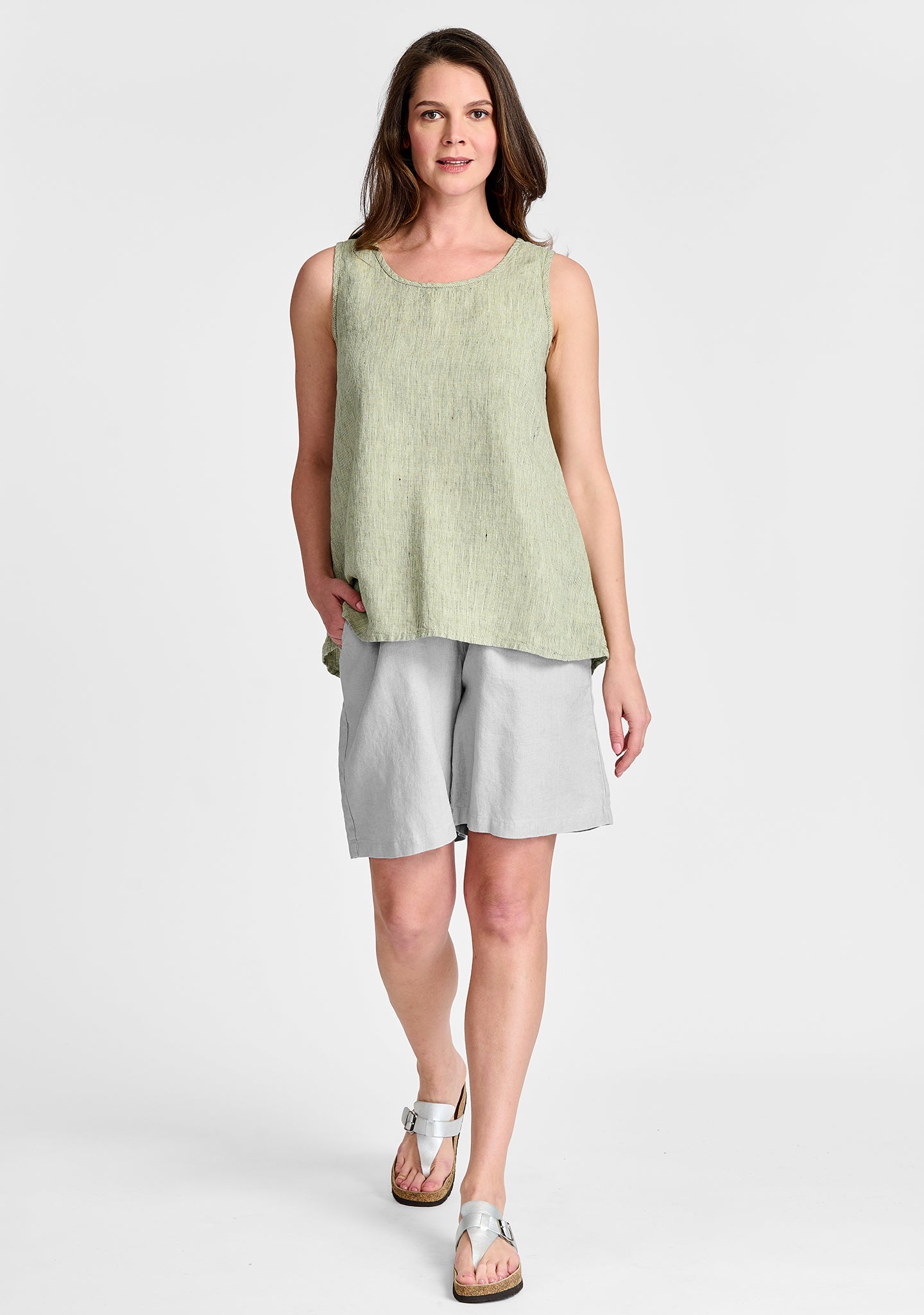 FLAX linen tank in green with linen shorts in grey