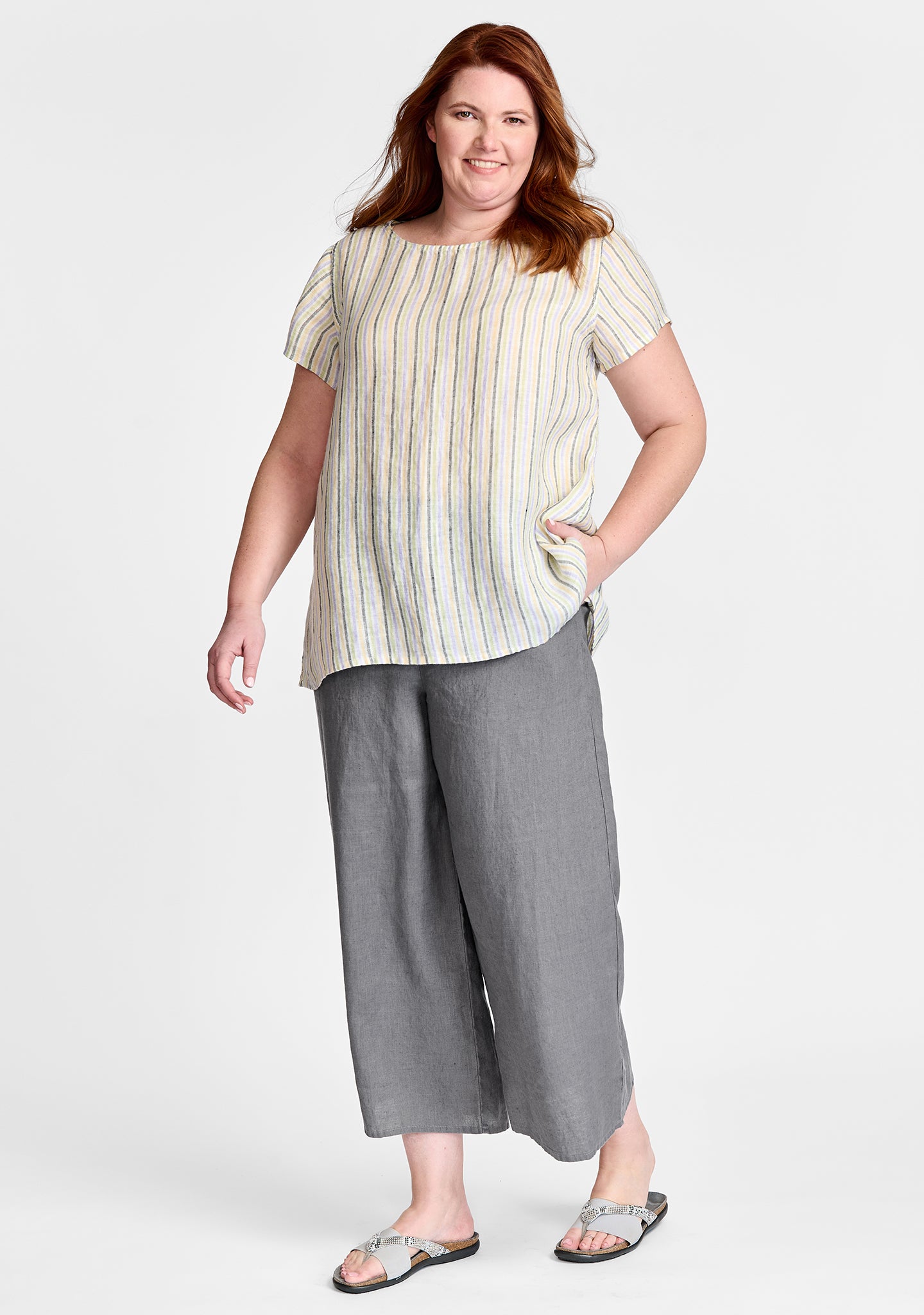 FLAX linen shirt in stripes with linen pants in grey