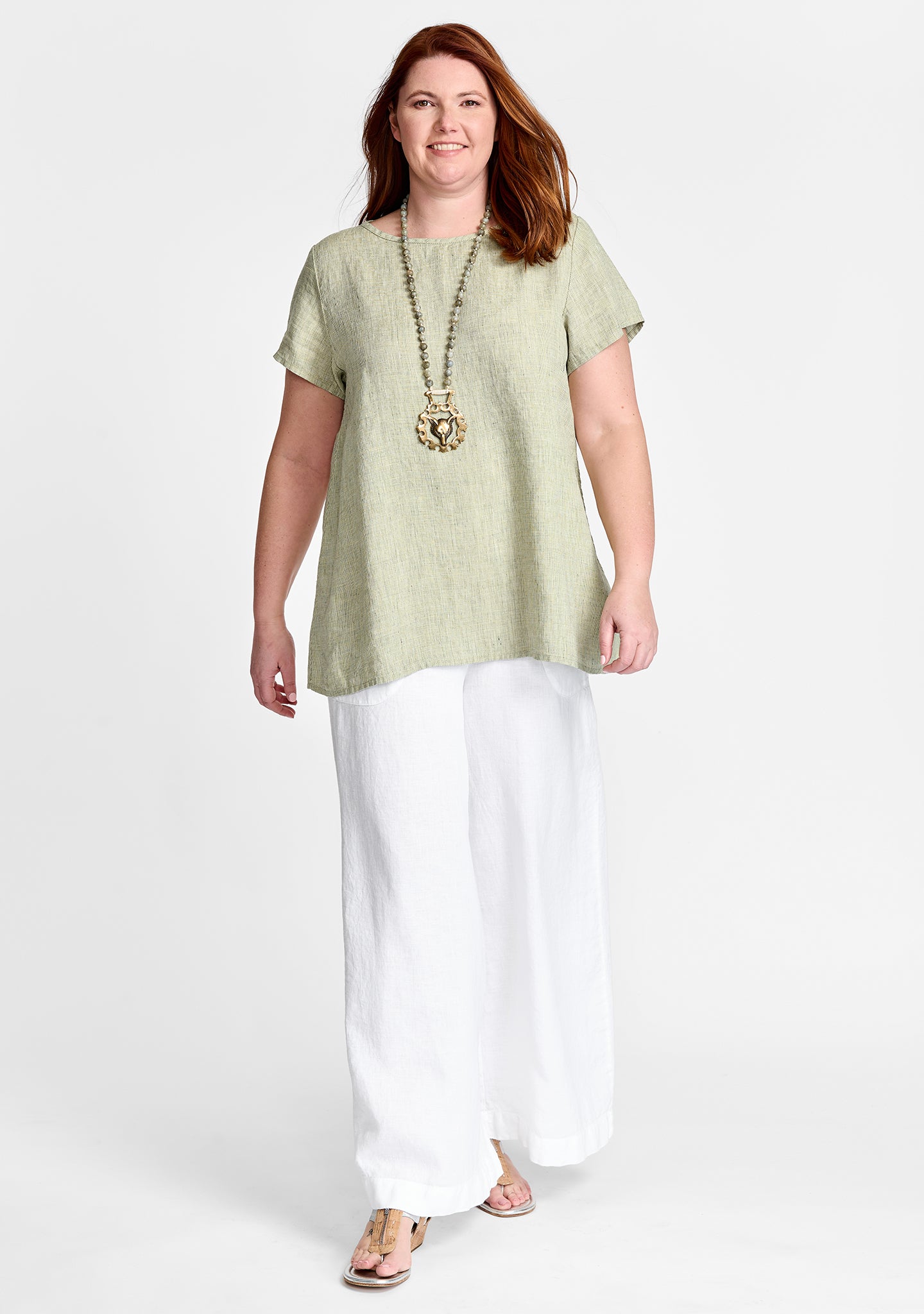 FLAX linen tee in green with linen pants in white